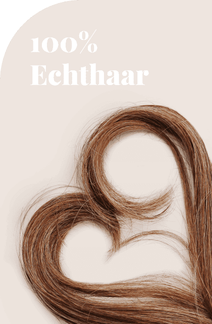 Lange braune Haare, die zu einem Herz geformt sind, mit dem Text „100% Echthaar“ auf hellem Hintergrund.