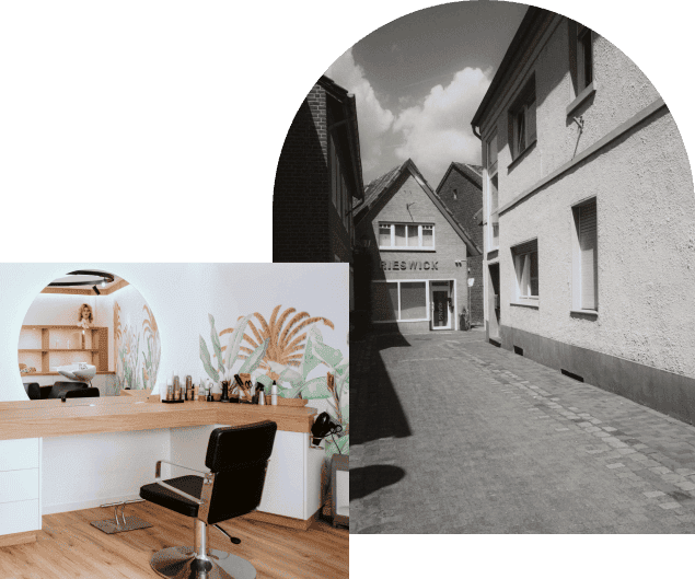 Foto eines Innenraumes und einer Gasse mit einem Gebäude mit Aufschrift „Rieswick“.