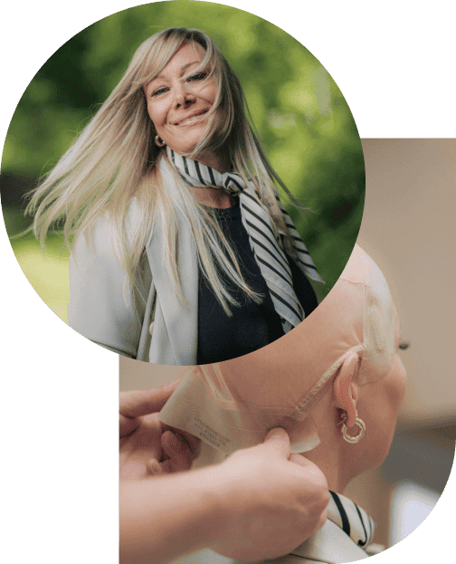 Vorher-Nachher-Vergleich einer glücklichen Testerin, die eine blonde Perücke trägt.